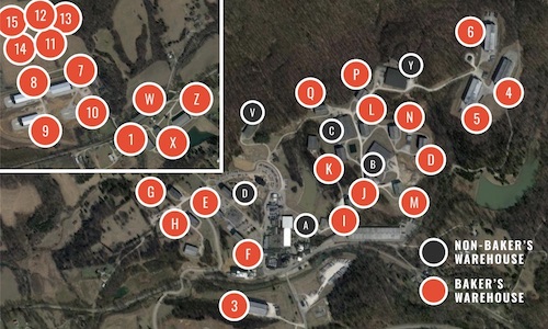 Terrain map of warehouse location markers